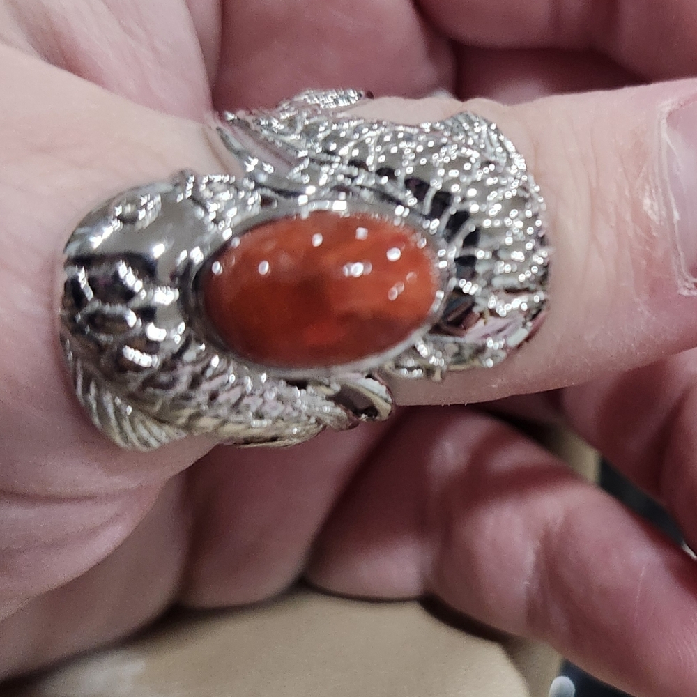 NWT JTV Oval Red Sponge Coral Sterling Silver Koi Ring